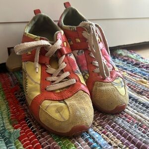 Diesel Footwear Womens Size 6.5 Akita Yellow Pink Floral Suede Leather Sneakers